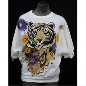 Vtg 1980s 1990s Retro Suzy Phillips Tiger Jungle W/ Shoulder Pads T-Shirt Blouse